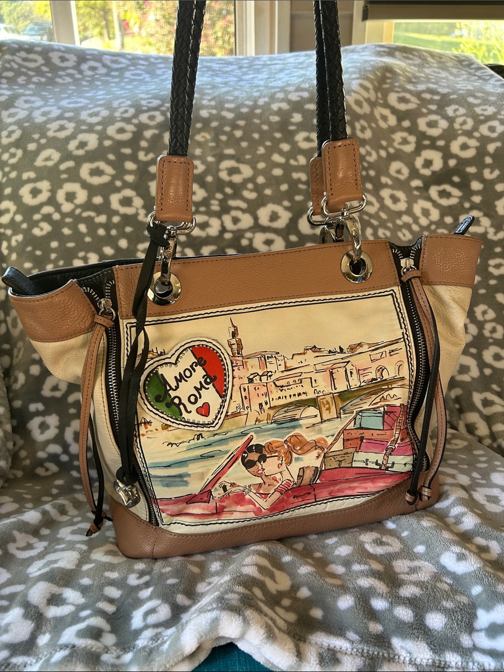 Brighton Tan and Cream Illustrated Satchel with Multicolor Artwork